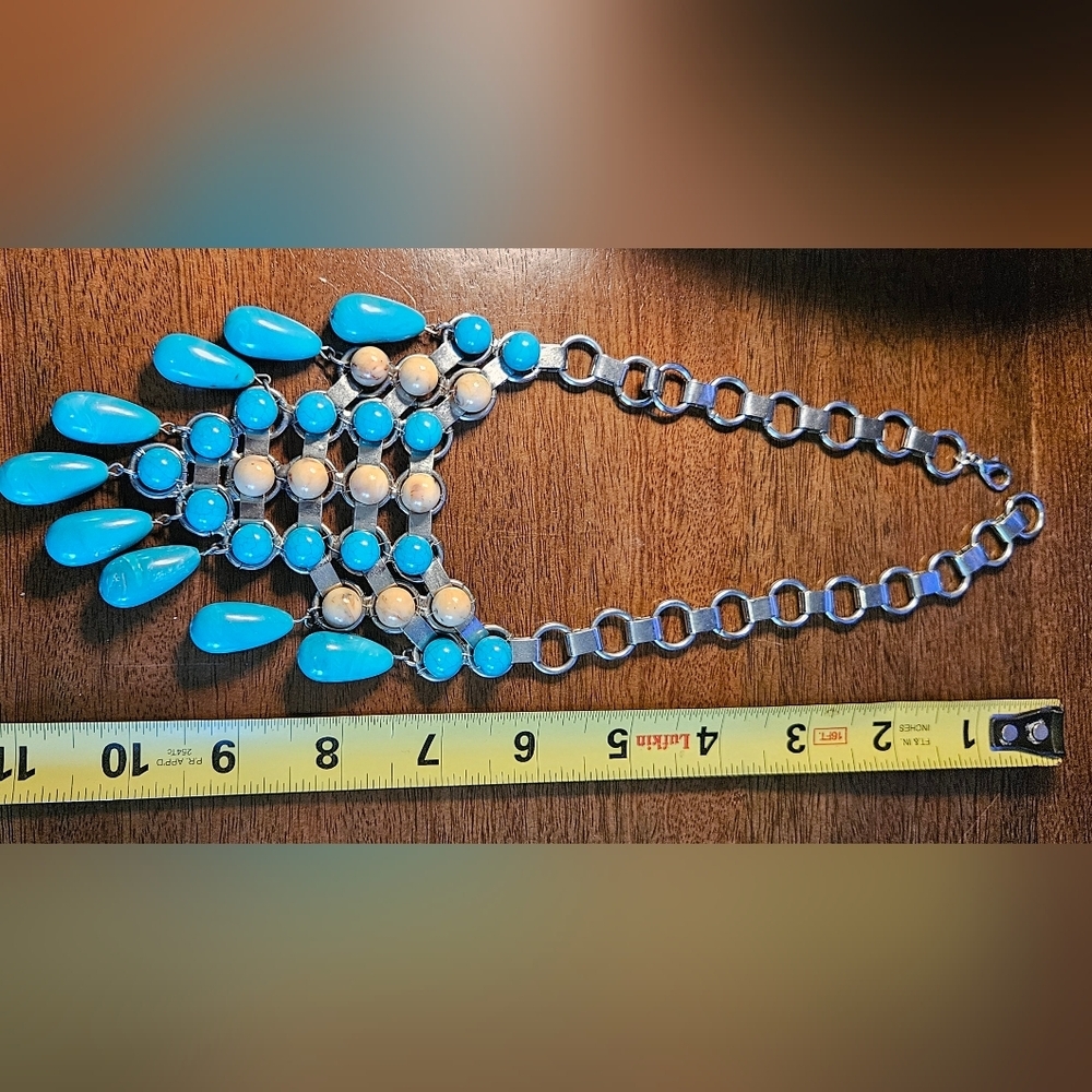 Turquoise & Ivory Western Boho Bib Necklace | Silver-Tone Chain - Picture 5 of 6